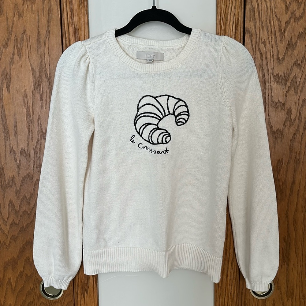 LOFT Cream Sweater with Black Croissant Design